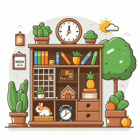 Illustration of a cozy home interior with bookshelves, potted plants and a clockのイラスト素材