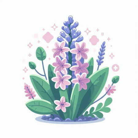 Beautiful purple hyacinth flowers with green leaves. Vector illustration.のイラスト素材