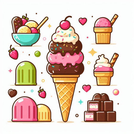 Ice cream vector illustration set. Ice cream icon collection. Ice cream icons.のイラスト素材