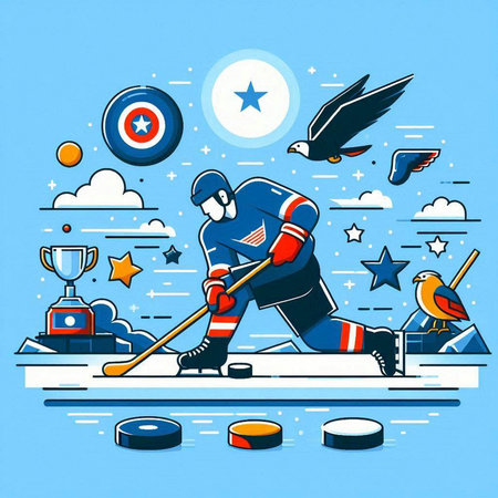 Ice hockey player on ice with puck. Vector illustration in cartoon styleのイラスト素材