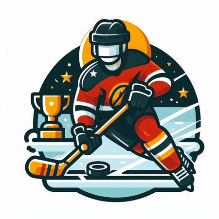 Ice hockey player with the stick and puck on the ice. Vector illustrationのイラスト素材