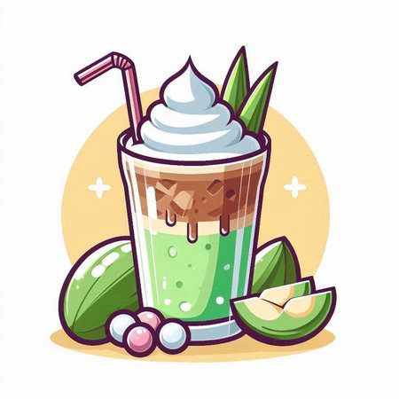 Green tea smoothie in a glass with whipped cream. Vector illustration.のイラスト素材