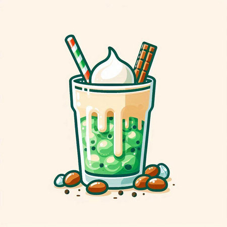 Iced green tea with whipped cream and chocolate. Vector illustration.のイラスト素材