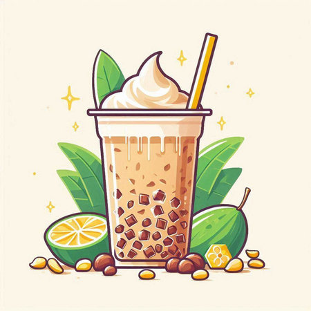 Coffee smoothies with whipped cream and fruits. Vector illustration.のイラスト素材