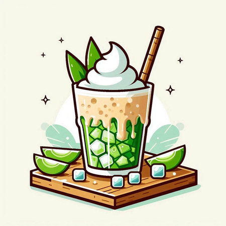 Iced latte with ice cubes and mint leaves. Vector illustration.のイラスト素材