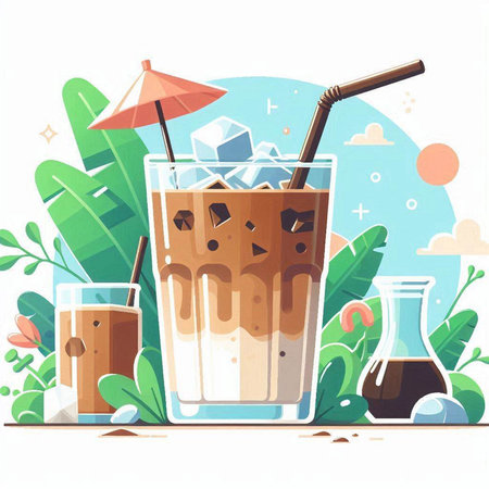 Iced coffee in a glass with ice cubes. Vector illustration.のイラスト素材