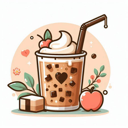 Iced coffee with whipped cream and chocolate. Vector illustration in cartoon style.のイラスト素材