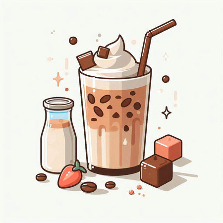 Iced coffee with milk in glass and chocolate, vector illustration.のイラスト素材