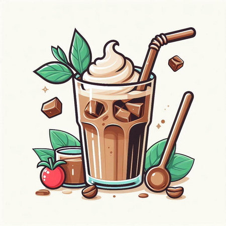 Iced coffee with whipped cream and chocolate in a glass. Vector illustration.のイラスト素材
