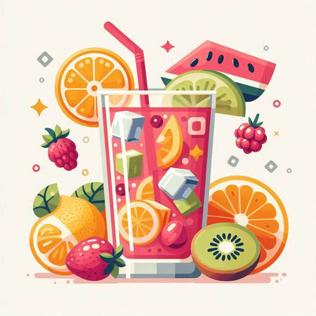 Fruit cocktail with ice cubes, watermelon, kiwi, orange, grapefruit, strawberry, lemon and lime. Vector illustration.のイラスト素材