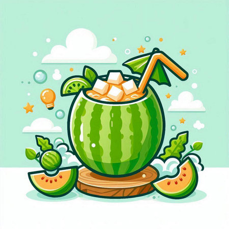 Cocktail in a watermelon on a wooden stand. Vector illustrationのイラスト素材