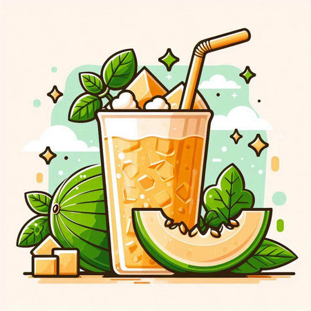 Melon smoothie with ice cubes and straw. Vector illustration.のイラスト素材