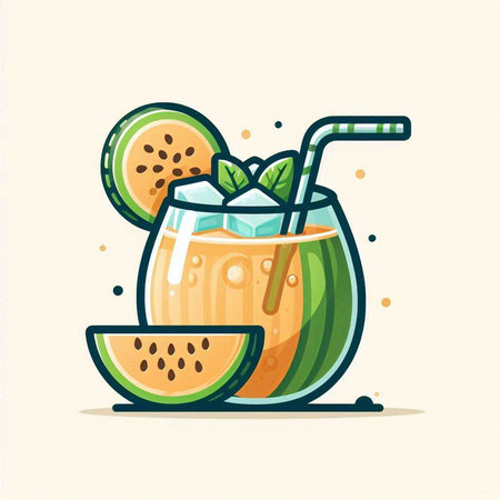 Cocktail with watermelon and mint. Vector illustration in cartoon style.のイラスト素材