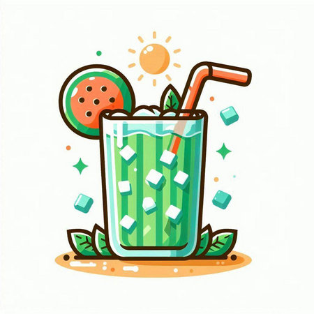 Green smoothie with ice cubes and straw, cartoon vector illustration.のイラスト素材