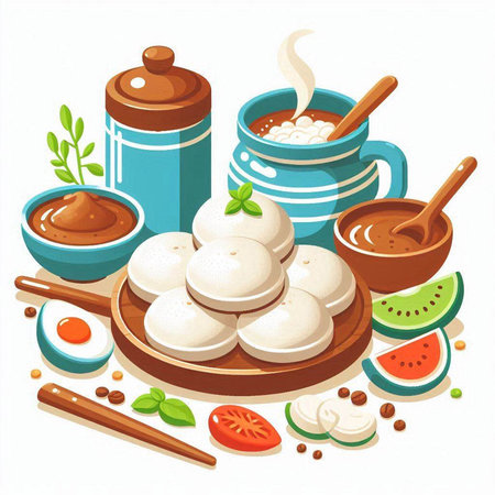 Illustration of delicious dumplings with sauce and ingredients on a white backgroundのイラスト素材