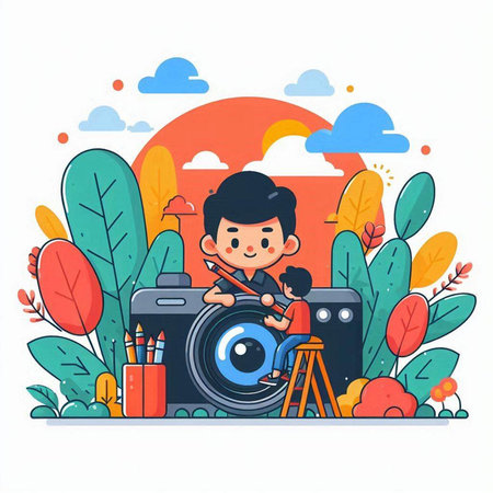 Young photographer with camera and tripod. Vector illustration in flat style.のイラスト素材