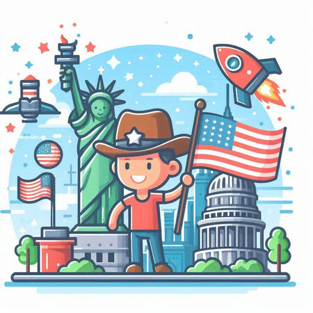 Cartoon vector illustration of American patriot and travel theme. Flat style design.のイラスト素材
