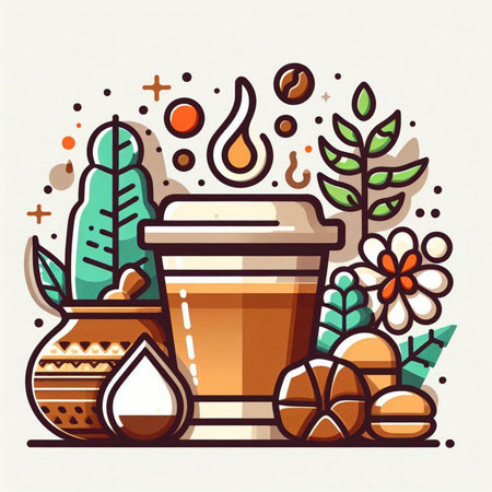 Coffee cup and coffee beans in the pot. Vector illustration.のイラスト素材