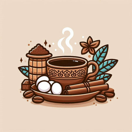 Coffee cup with beans, cinnamon and anise. Vector illustration.のイラスト素材