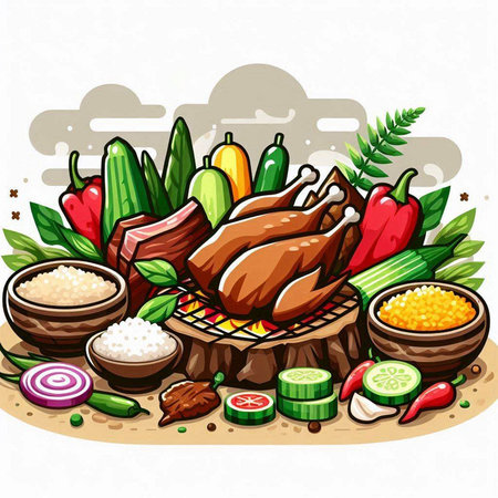 Vector illustration of grilled chicken with vegetables and spices on white background.のイラスト素材