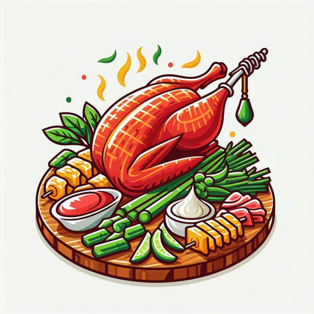 Illustration of roasted turkey on wooden board with vegetables and sauce.のイラスト素材
