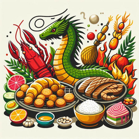 Vector illustration of Chinese cuisine with dragon, rice, vegetables and seafood.のイラスト素材