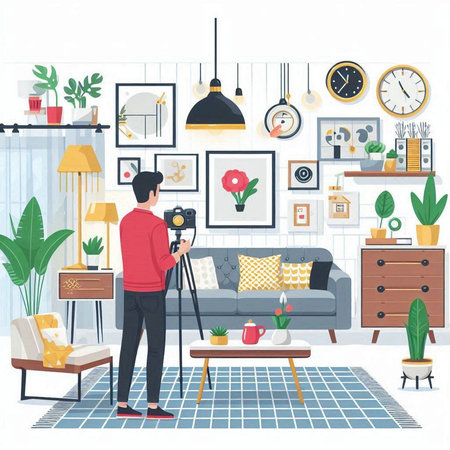 Photographer taking picture of living room interior. Vector illustration in flat styleのイラスト素材