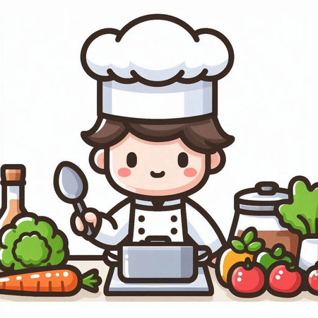 Illustration of a Cute Little Chef Boy Using a Laptopのイラスト素材