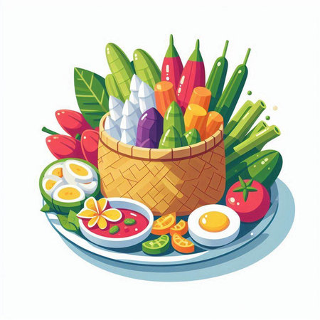 Illustration of fresh vegetables in a basket on a white background.のイラスト素材