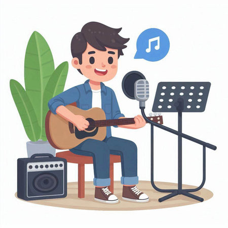 Young man playing guitar and singing at home. Vector illustration in cartoon style.のイラスト素材