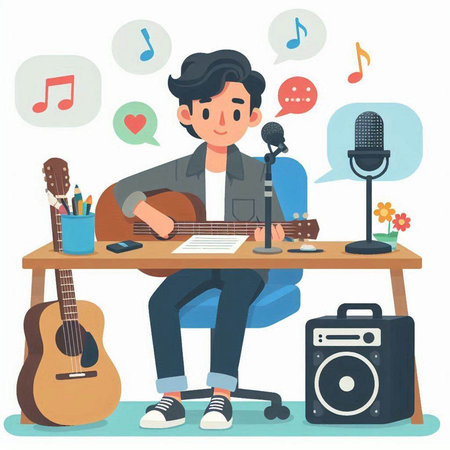 Man playing guitar and singing at home. Flat style vector illustration.のイラスト素材