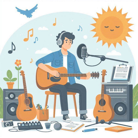 Musician in headphones playing guitar and singing song. Vector illustration.のイラスト素材