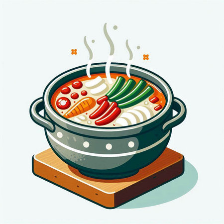 Illustration of a hot pot with vegetable soup on a wooden boardのイラスト素材