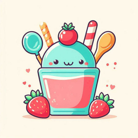 Cute cartoon ice cream with strawberry and spoon. Vector illustration.のイラスト素材