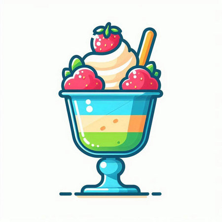 Ice cream with strawberries and whipped cream in a glass. Vector illustration.のイラスト素材