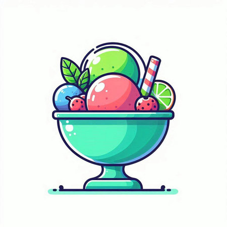 Ice cream bowl with fruits and berries. Vector illustration in cartoon style.のイラスト素材