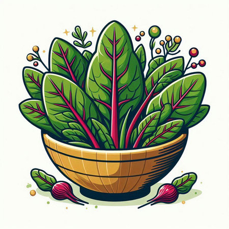 Bowl with fresh green chard leaves. Vector illustration isolated on white background.のイラスト素材
