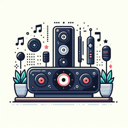 Music speakers. Vector illustration in flat line style. Music equipment.のイラスト素材