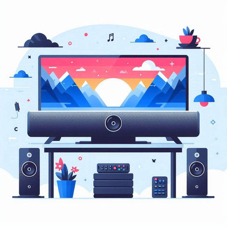 Home theater with a view of the mountains. Vector illustration in flat style.のイラスト素材