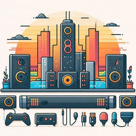 Vector illustration of modern city with loudspeakers. Flat style design.のイラスト素材