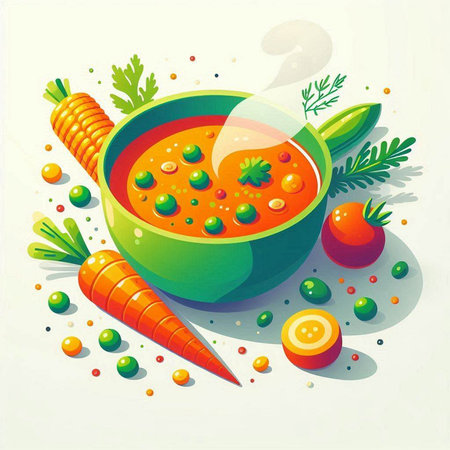 Vector illustration of fresh vegetable soup with carrot, parsley and peasのイラスト素材