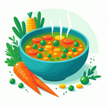 Vegetable soup in a bowl with carrots and peas. Vector illustration.のイラスト素材