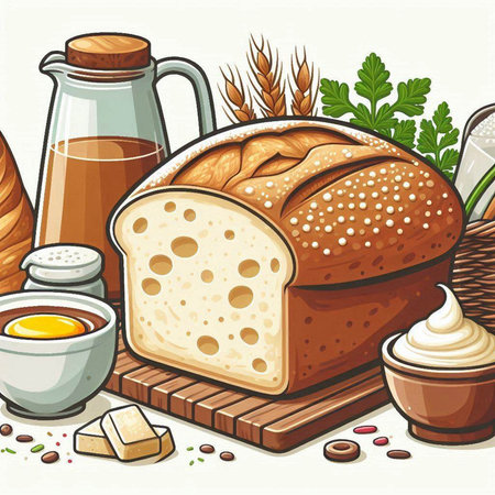 Illustration of a fresh loaf of bread with butter and other ingredientsのイラスト素材