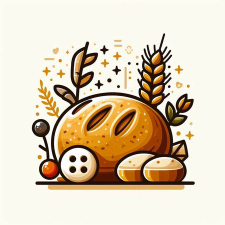 Bread with wheat and bakery products. Vector illustration in cartoon style.のイラスト素材