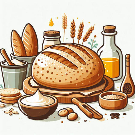 Illustration of bread and ingredients on white background. Vector illustration.のイラスト素材