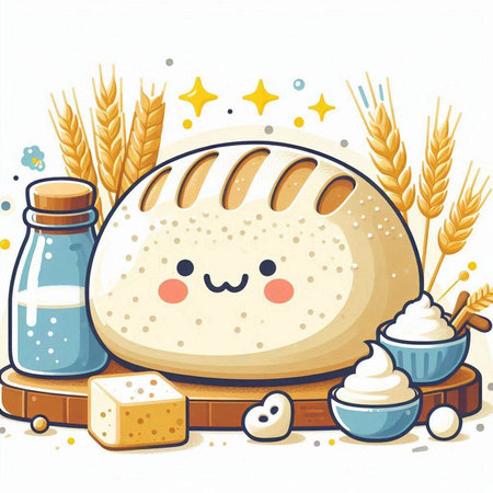 Illustration of a Cute Bread with Cereals, Milk and Cheeseのイラスト素材
