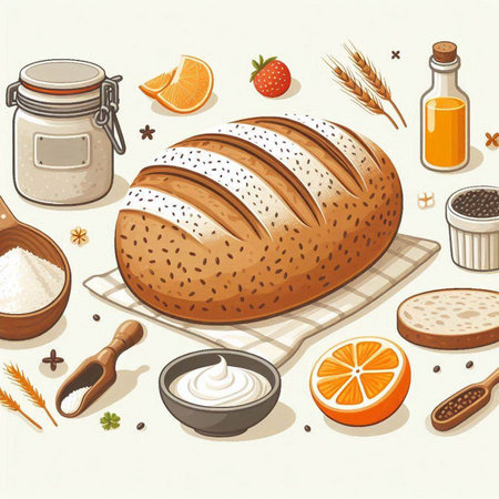 Bread and ingredients on a light background. Vector illustration for your designのイラスト素材