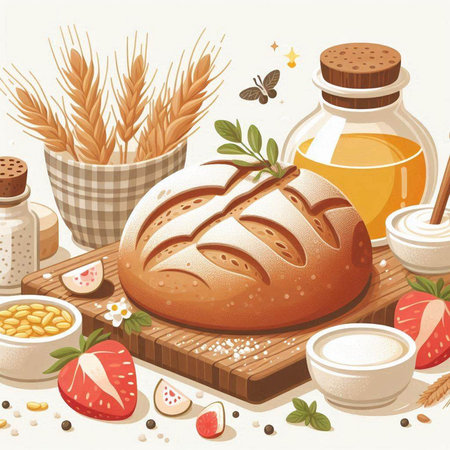 Bread and ingredients on wooden board. Vector illustration in cartoon style.のイラスト素材
