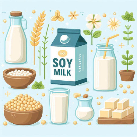 Milk and soy products set. Vector illustration in flat style.のイラスト素材