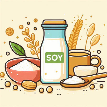 Illustration of a bottle of soy milk and ingredients. Vector illustrationのイラスト素材